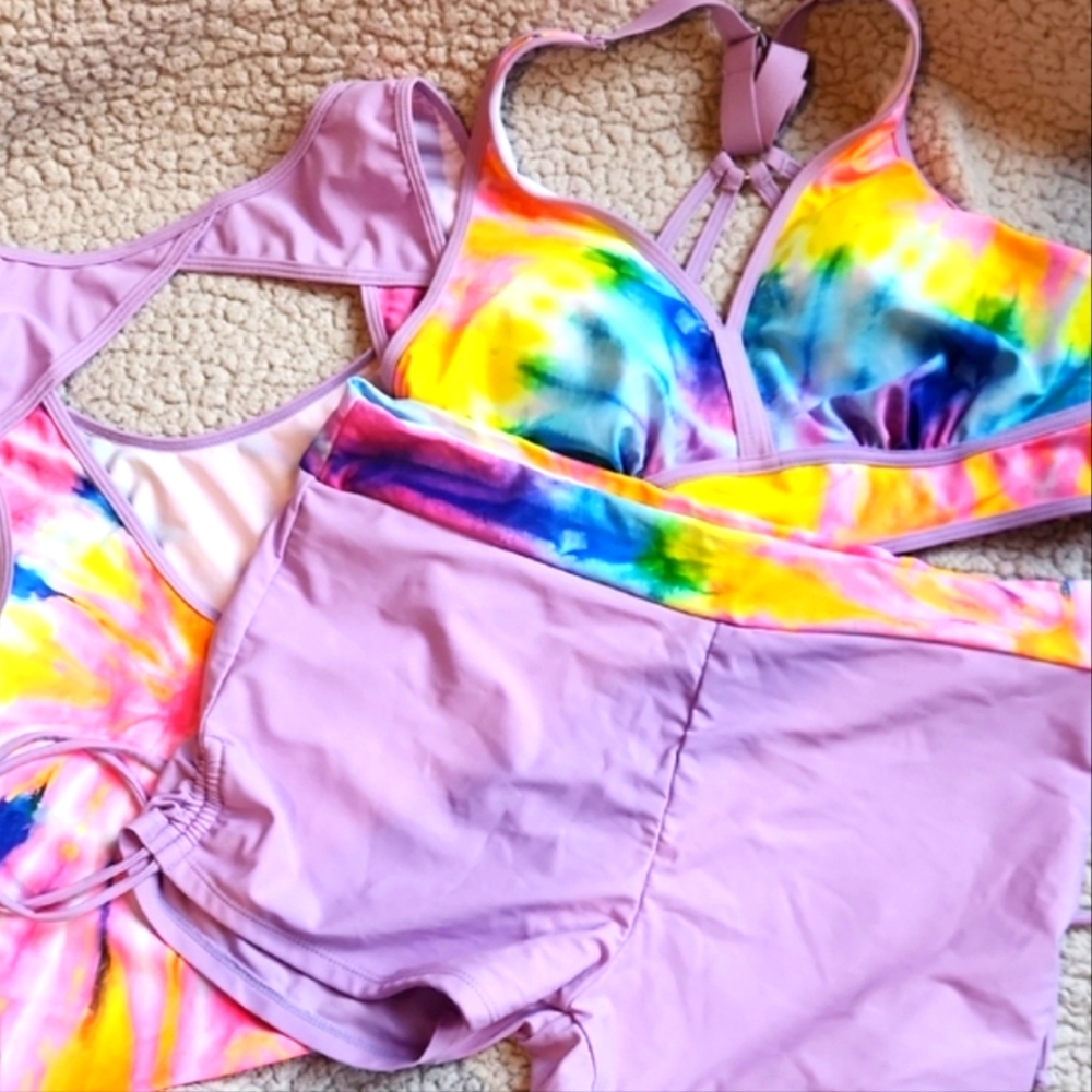 Modlily Vibrant Multicolor, Colorful Tie-Dye Summer Beach Three Piece Bikini Set - Picture 2 of 12